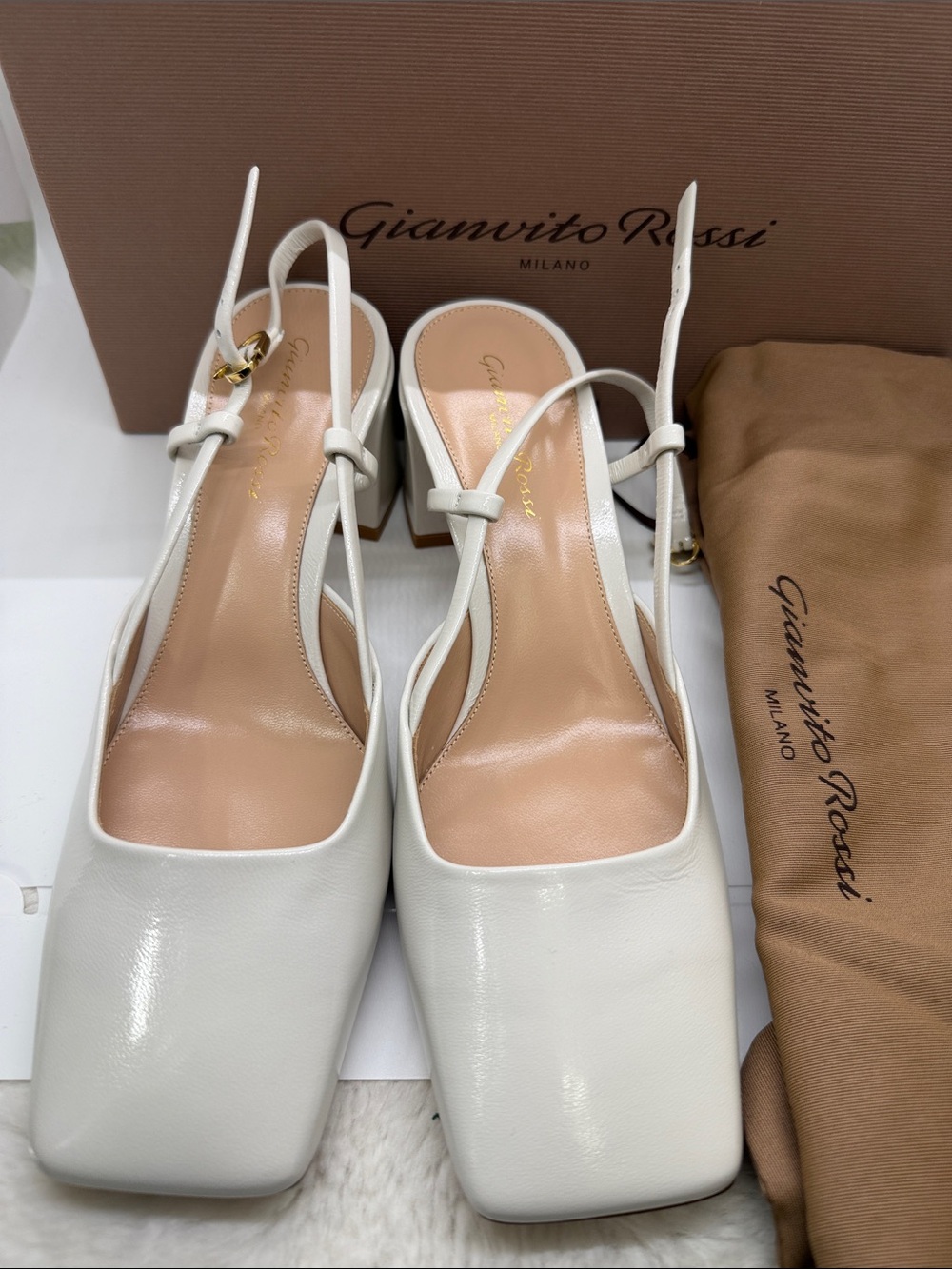 Gianvito Rossi White Leather Square Toe Slingback Pumps